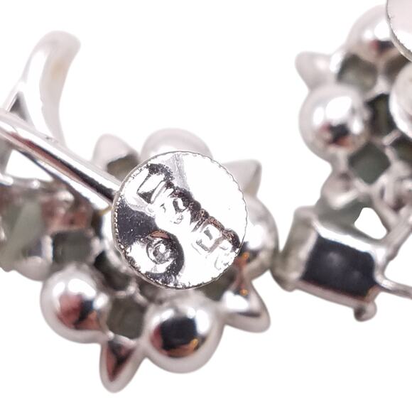 Lisner Earrings Screw Back Silver Tone Blue Flower Rhinestones Green Baguette - Picture 5 of 7